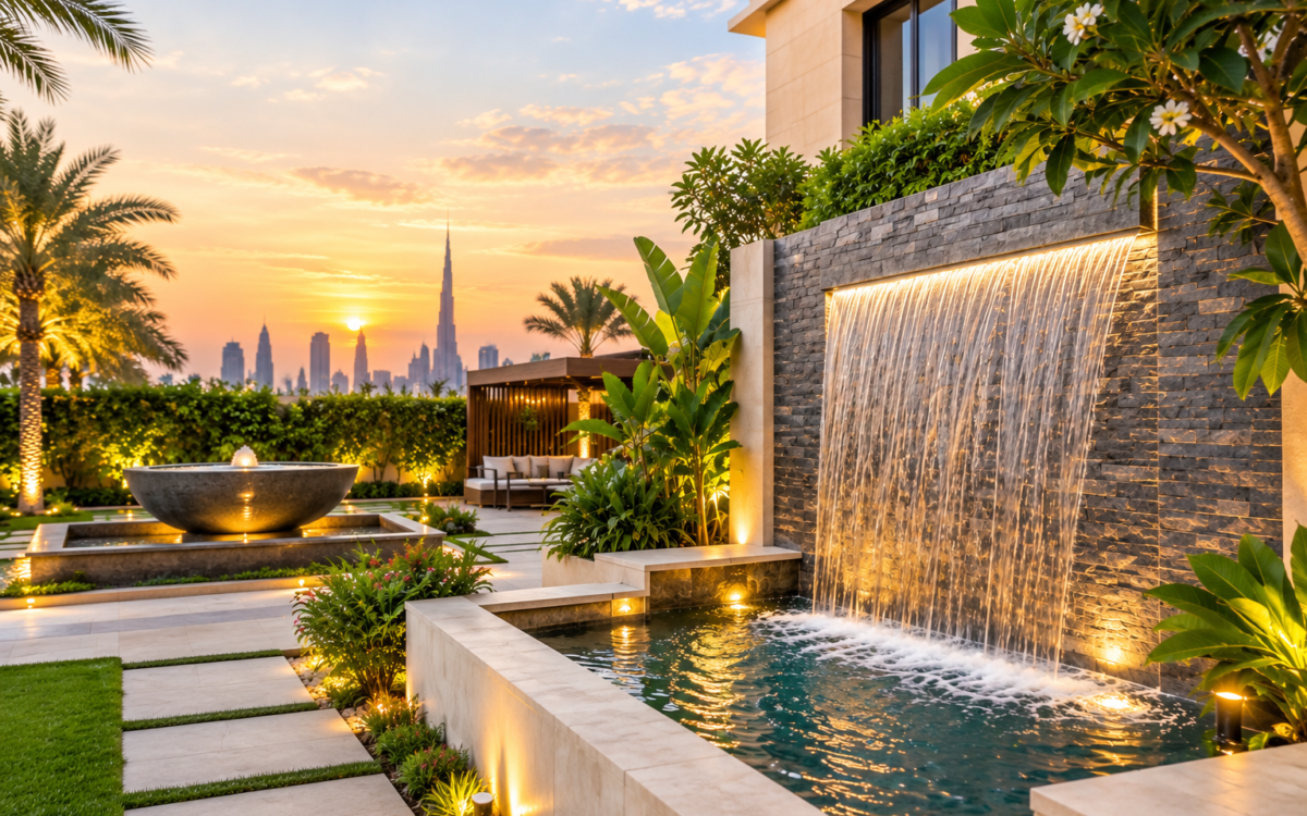 Water feature ideas for Dubai villa gardens with a modern waterfall and fountain